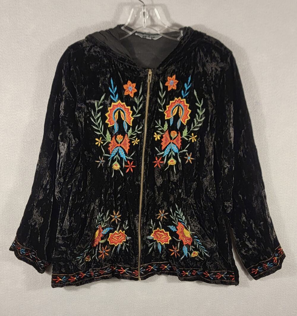 A&A Clothing Embroidered Black Crushed Velvet Hooded Zip Jacket XL